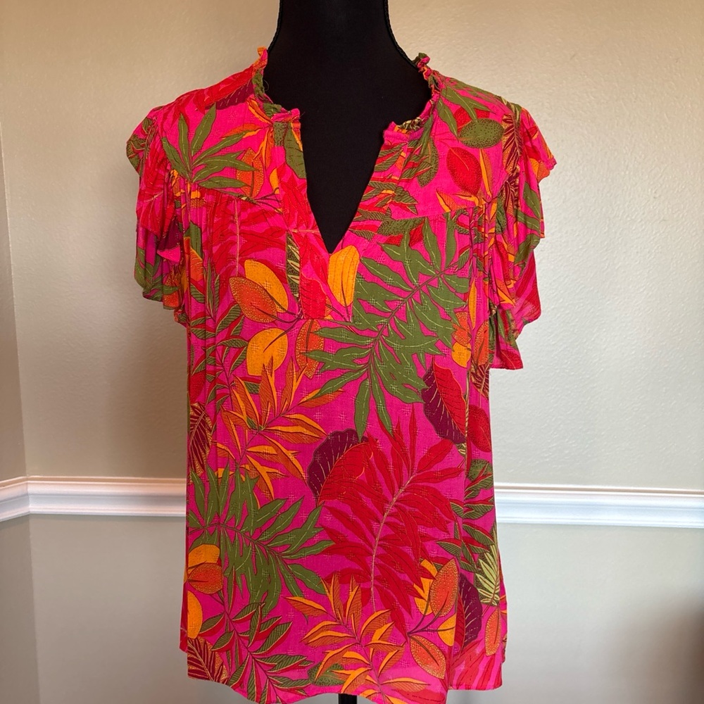 Rose + Olive Pink Tropical Floral Boho Blouse Flutter Sleeve Size M